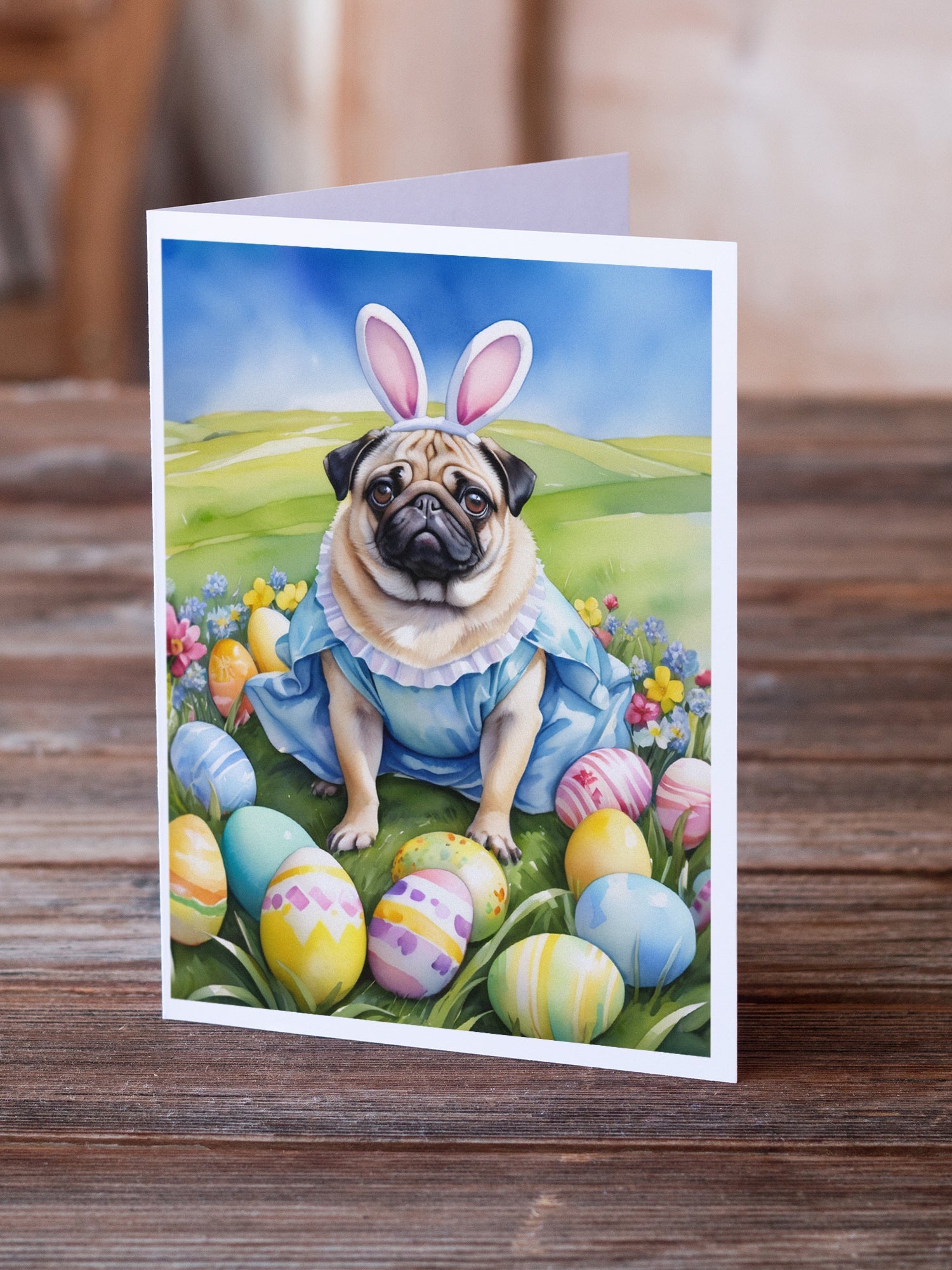 Pug Easter Egg Hunt Greeting Cards Pack of 8 Blank Cards with Envelopes Whimsical A7 Size 5x7
