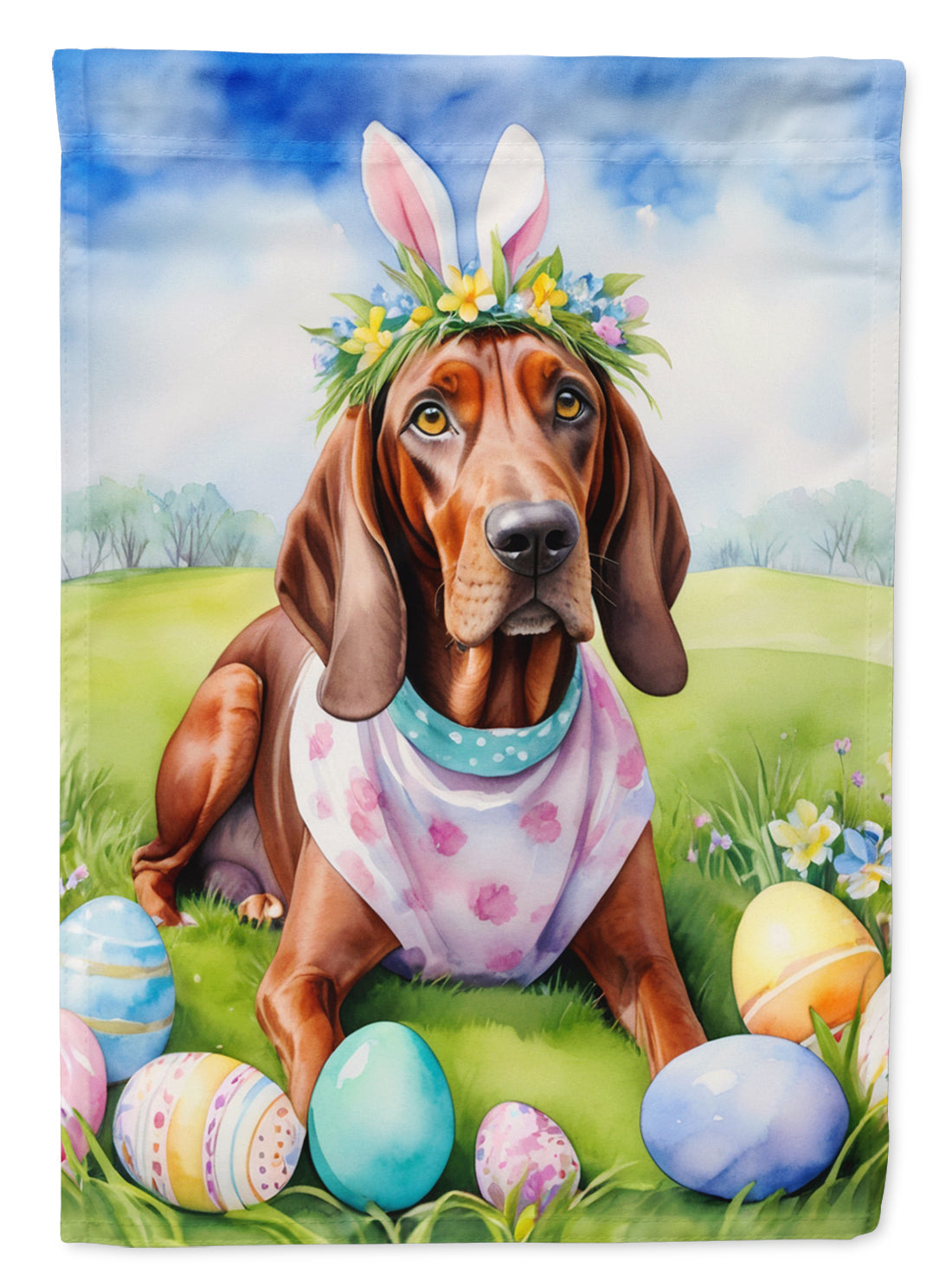 Redbone Coonhound Easter Egg Hunt House Flag 28x40 Porch Sleeve Pole Decorative Outside Yard Banner Artwork Wall Hanging, Polyester