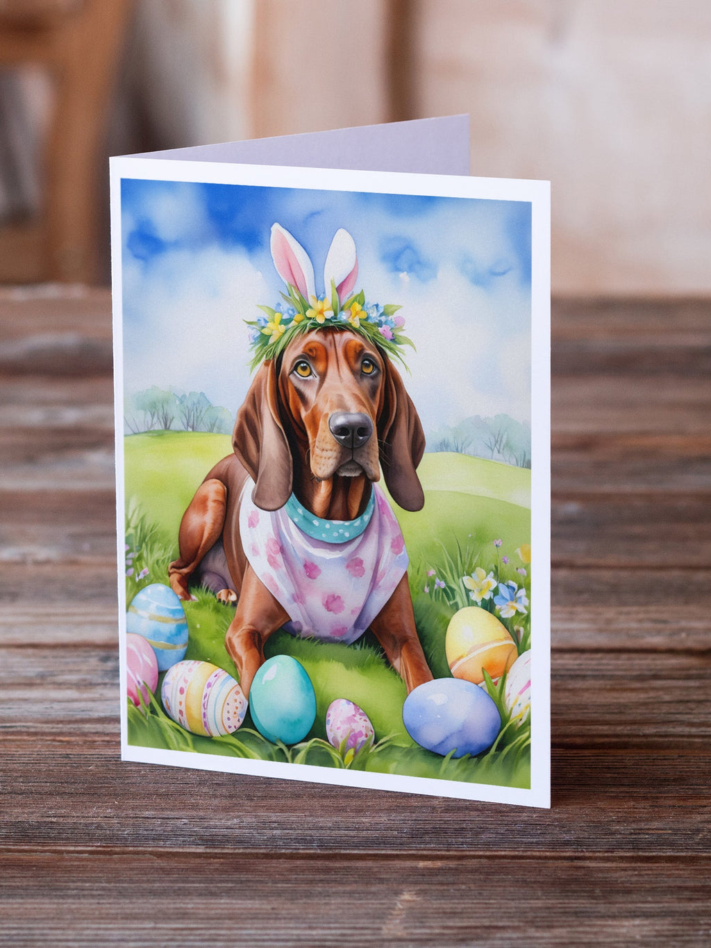 Redbone Coonhound Easter Egg Hunt Greeting Cards Pack of 8 Blank Cards with Envelopes Whimsical A7 Size 5x7
