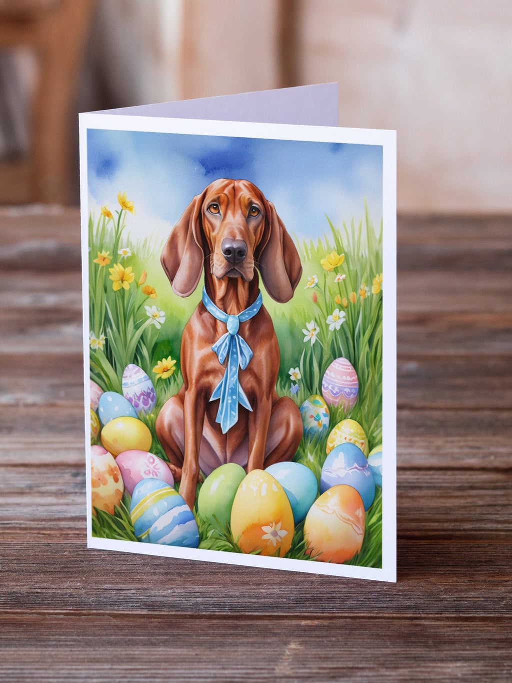 Redbone Coonhound Easter Egg Hunt Greeting Cards Pack of 8 Blank Cards with Envelopes Whimsical A7 Size 5x7