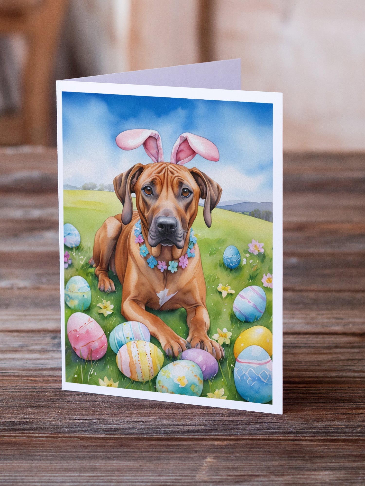 Rhodesian Ridgeback Easter Egg Hunt Greeting Cards Pack of 8 Blank Cards with Envelopes Whimsical A7 Size 5x7