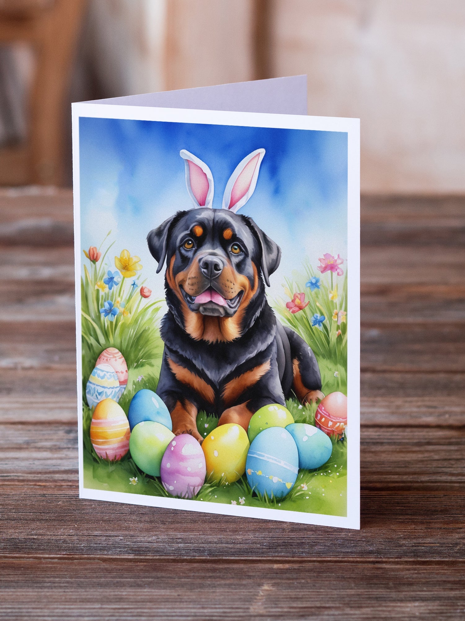 Rottweiler Easter Egg Hunt Greeting Cards Pack of 8 Blank Cards with Envelopes Whimsical A7 Size 5x7