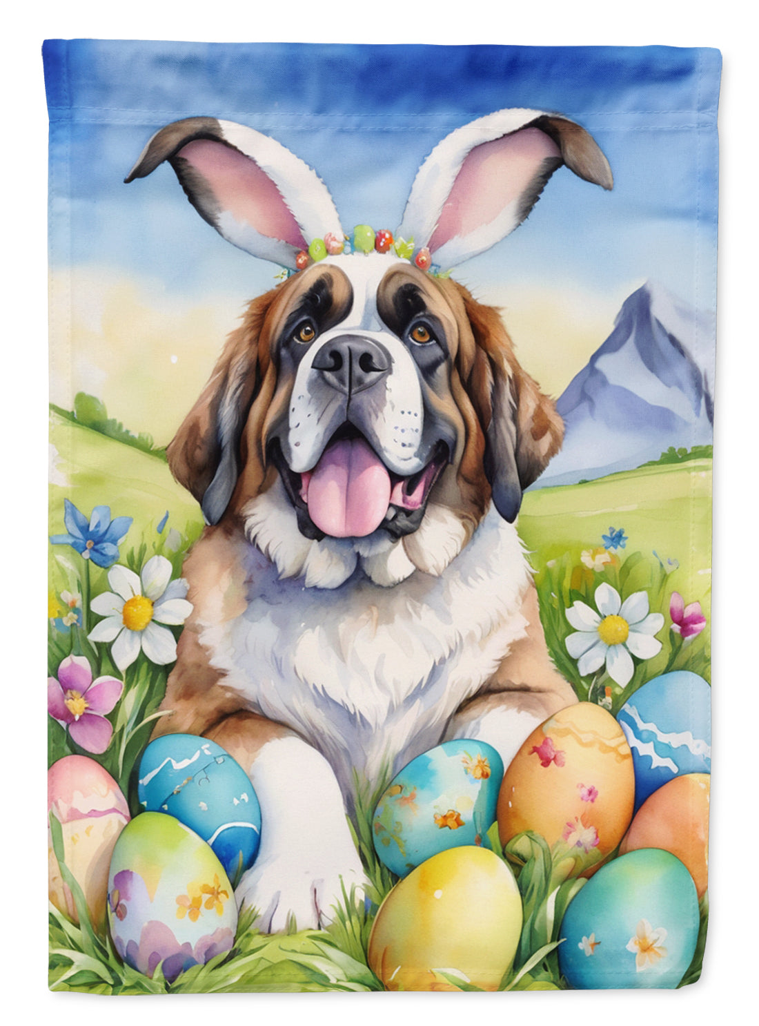 Saint Bernard Easter Egg Hunt House Flag 28x40 Porch Sleeve Pole Decorative Outside Yard Banner Artwork Wall Hanging, Polyester