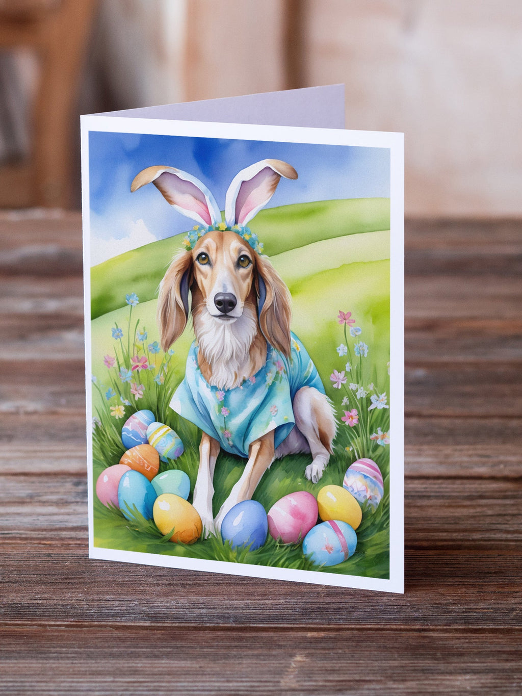 Saluki Easter Egg Hunt Greeting Cards Pack of 8 Blank Cards with Envelopes Whimsical A7 Size 5x7