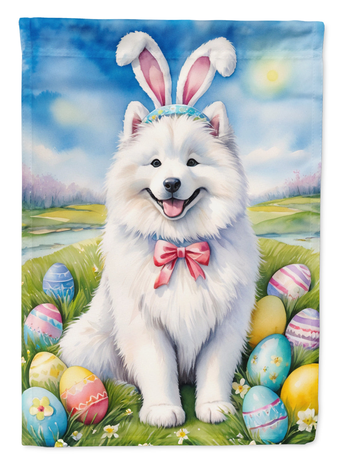 Samoyed Easter Egg Hunt House Flag 28x40 Porch Sleeve Pole Decorative Outside Yard Banner Artwork Wall Hanging, Polyester