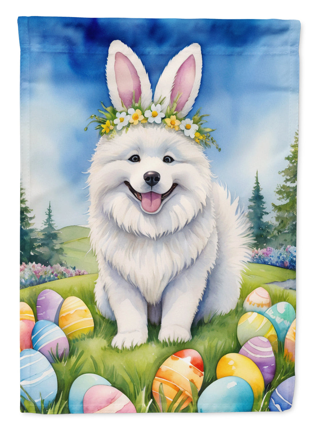 Samoyed Easter Egg Hunt House Flag 28x40 Porch Sleeve Pole Decorative Outside Yard Banner Artwork Wall Hanging, Polyester