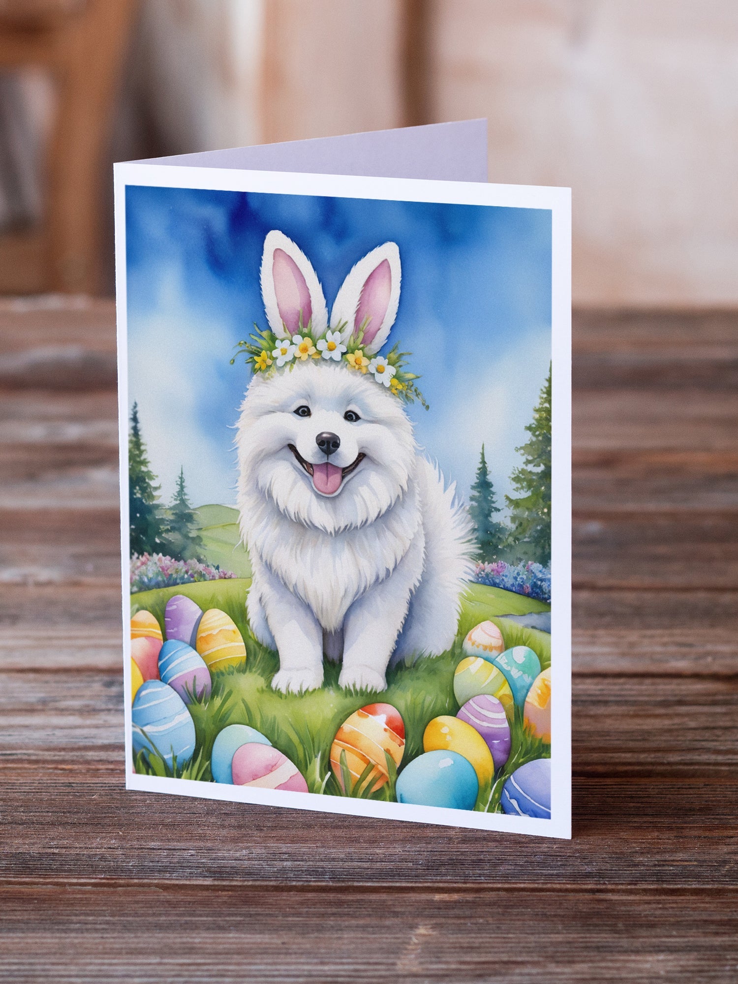 Samoyed Easter Egg Hunt Greeting Cards Pack of 8 Blank Cards with Envelopes Whimsical A7 Size 5x7