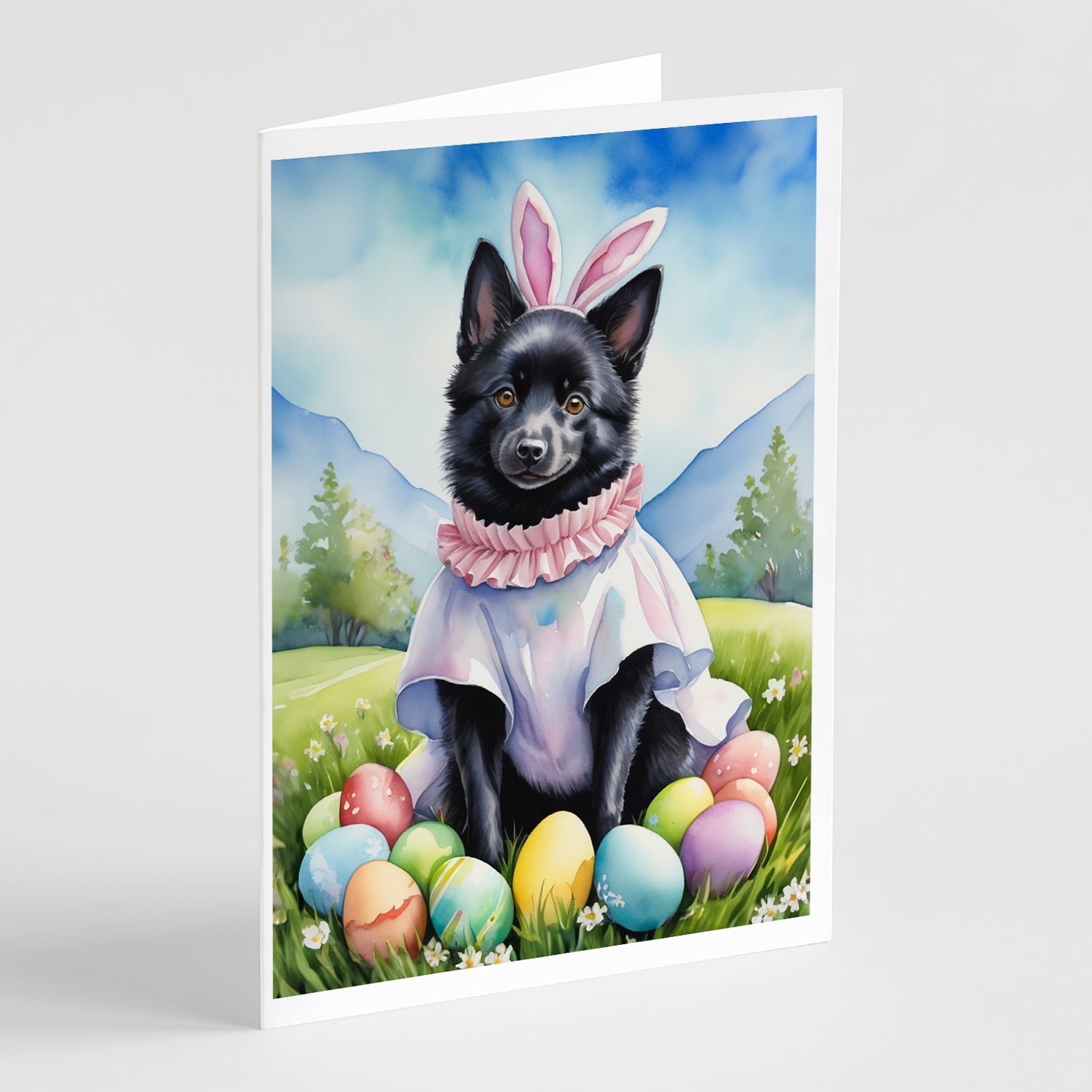 Schipperke Easter Egg Hunt Greeting Cards Pack of 8 Blank Cards with Envelopes Whimsical A7 Size 5x7