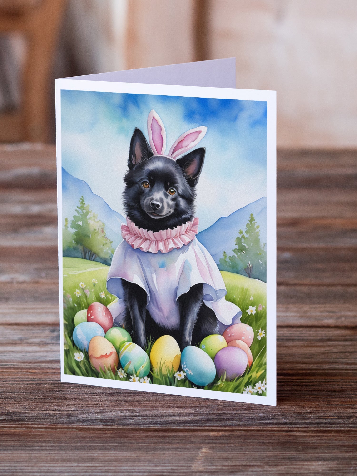 Schipperke Easter Egg Hunt Greeting Cards Pack of 8 Blank Cards with Envelopes Whimsical A7 Size 5x7