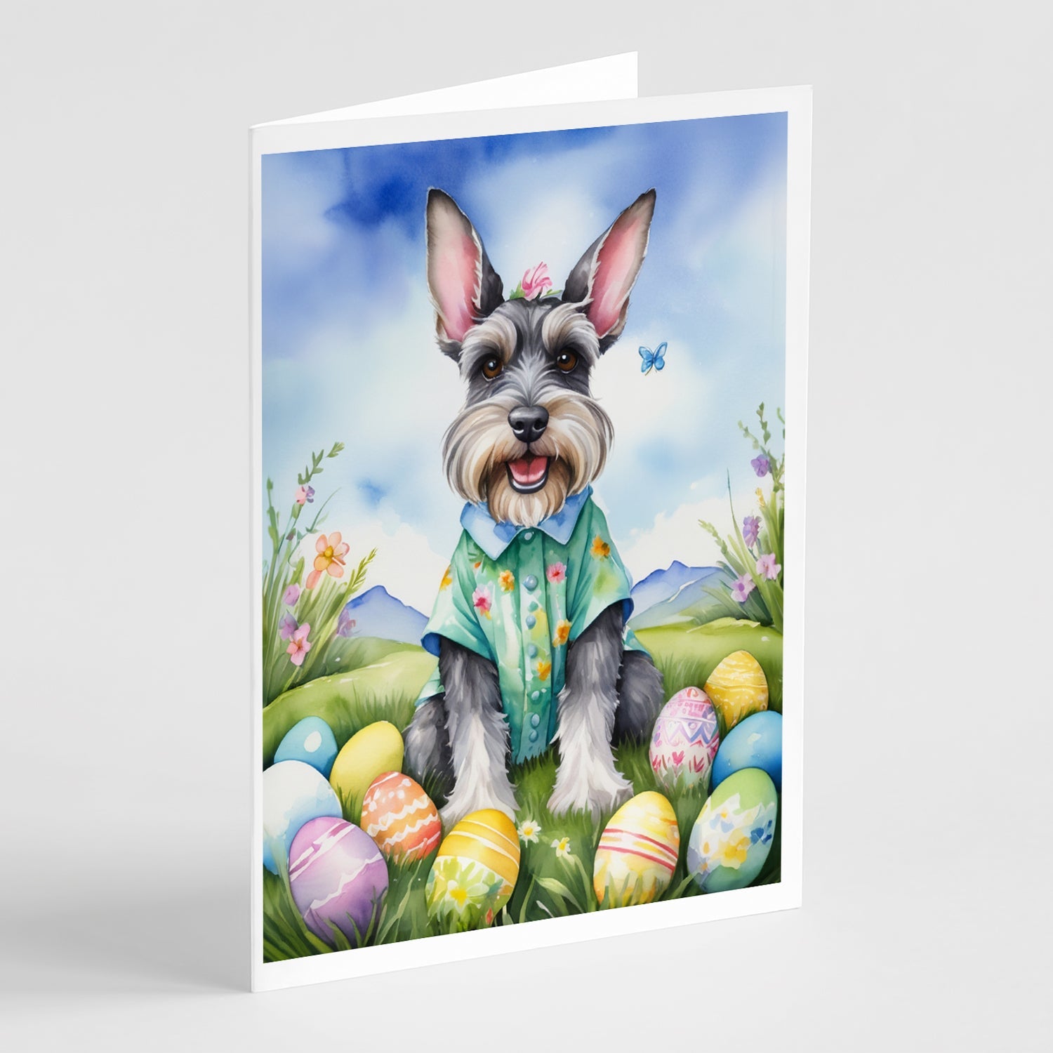 Schnauzer Easter Egg Hunt Greeting Cards Pack of 8 Blank Cards with Envelopes Whimsical A7 Size 5x7