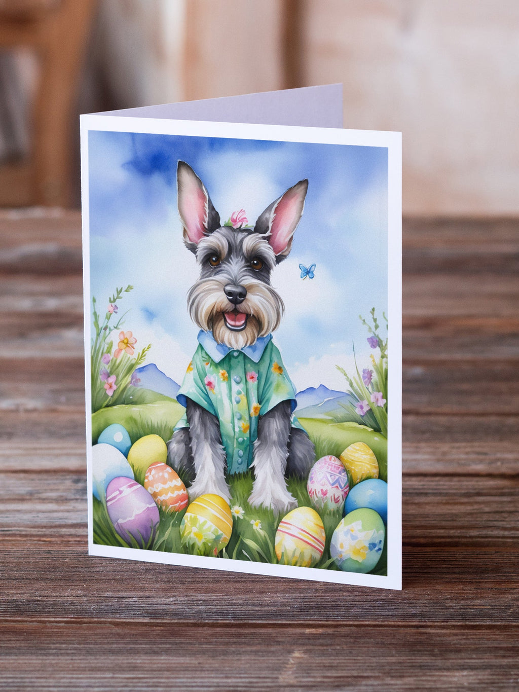 Schnauzer Easter Egg Hunt Greeting Cards Pack of 8 Blank Cards with Envelopes Whimsical A7 Size 5x7