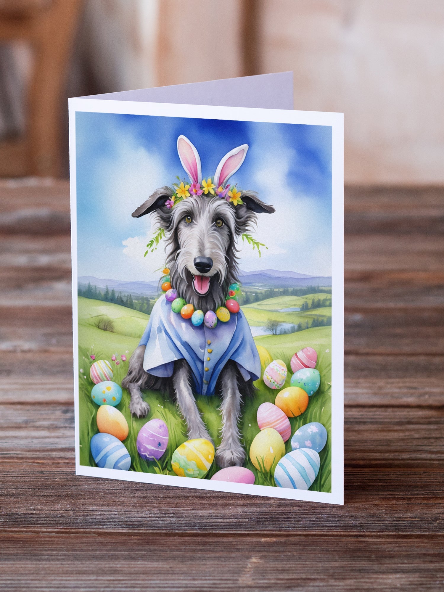 Scottish Deerhound Easter Egg Hunt Greeting Cards Pack of 8 Blank Cards with Envelopes Whimsical A7 Size 5x7