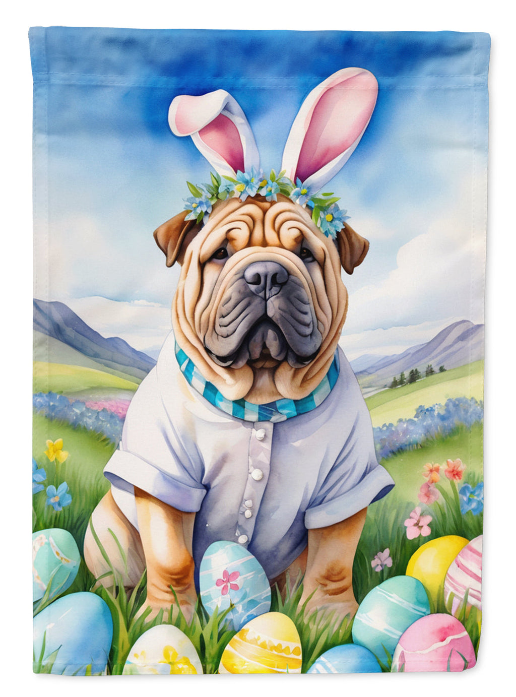 Shar Pei Easter Egg Hunt House Flag 28x40 Porch Sleeve Pole Decorative Outside Yard Banner Artwork Wall Hanging, Polyester