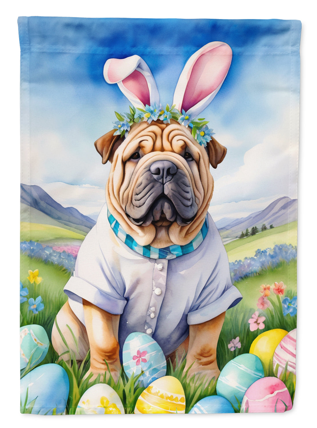 Shar Pei Easter Egg Hunt House Flag 28x40 Porch Sleeve Pole Decorative Outside Yard Banner Artwork Wall Hanging, Polyester