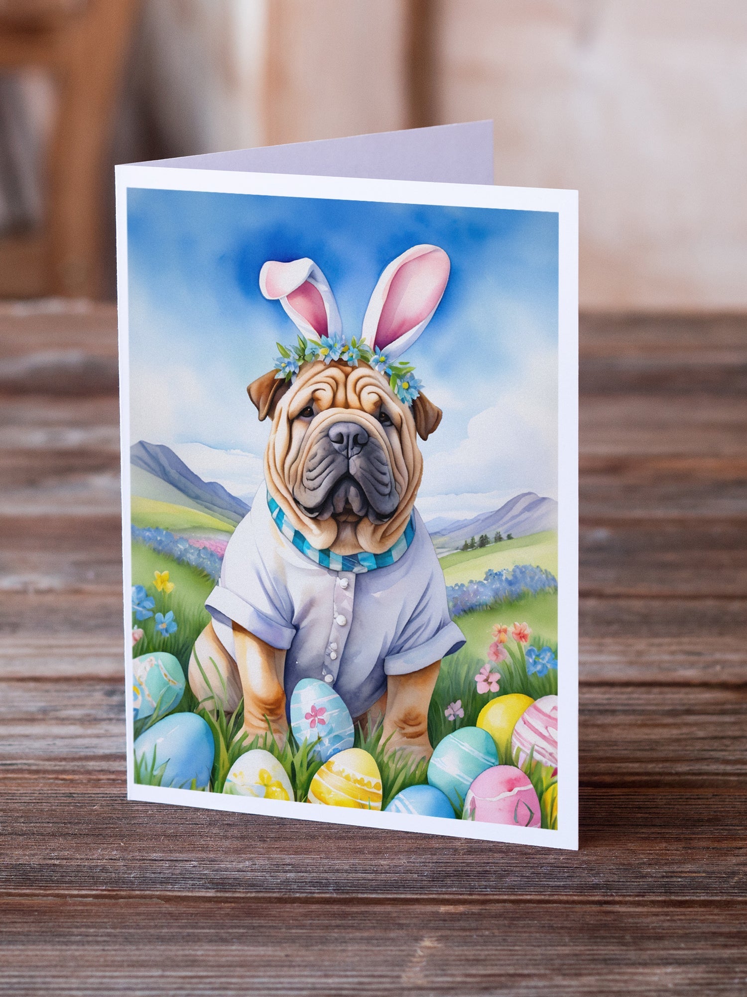 Shar Pei Easter Egg Hunt Greeting Cards Pack of 8 Blank Cards with Envelopes Whimsical A7 Size 5x7