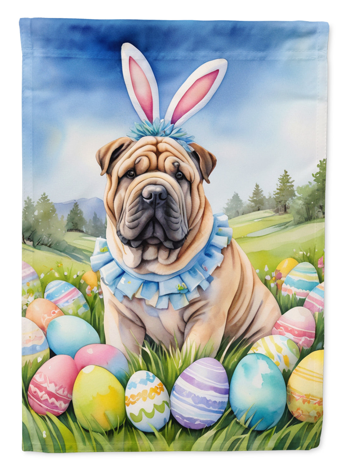 Shar Pei Easter Egg Hunt House Flag 28x40 Porch Sleeve Pole Decorative Outside Yard Banner Artwork Wall Hanging, Polyester