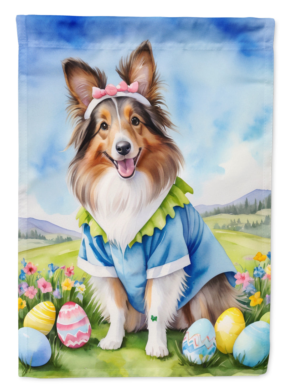 Sheltie Easter Egg Hunt House Flag 28x40 Porch Sleeve Pole Decorative Outside Yard Banner Artwork Wall Hanging, Polyester