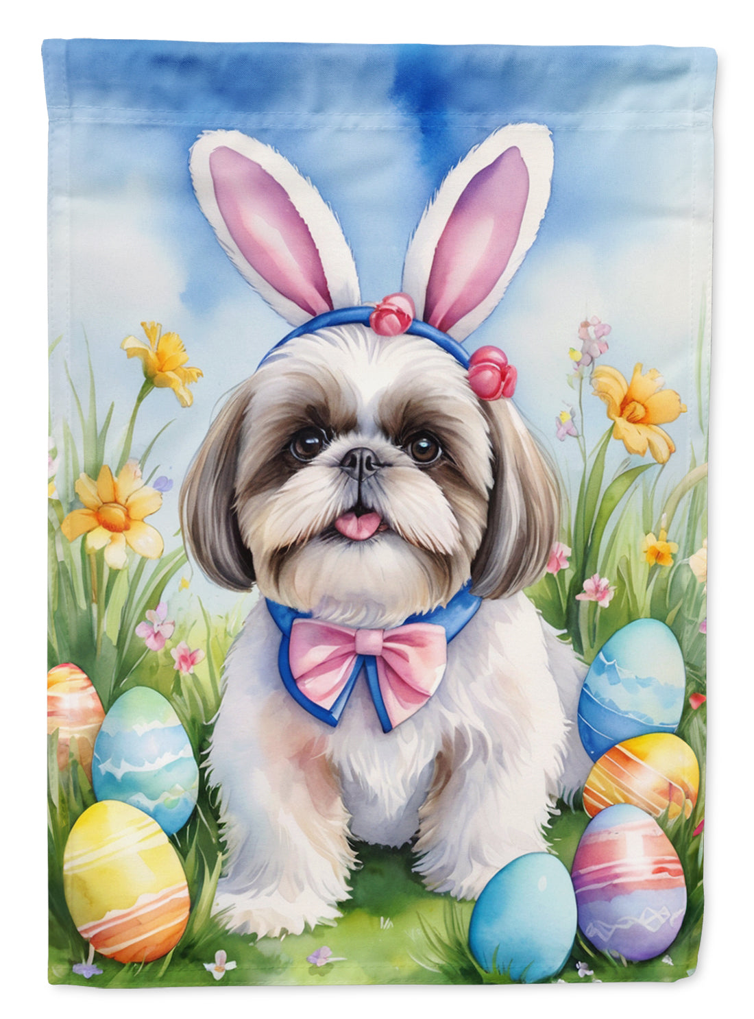 Shih Tzu Easter Egg Hunt House Flag 28x40 Porch Sleeve Pole Decorative Outside Yard Banner Artwork Wall Hanging, Polyester
