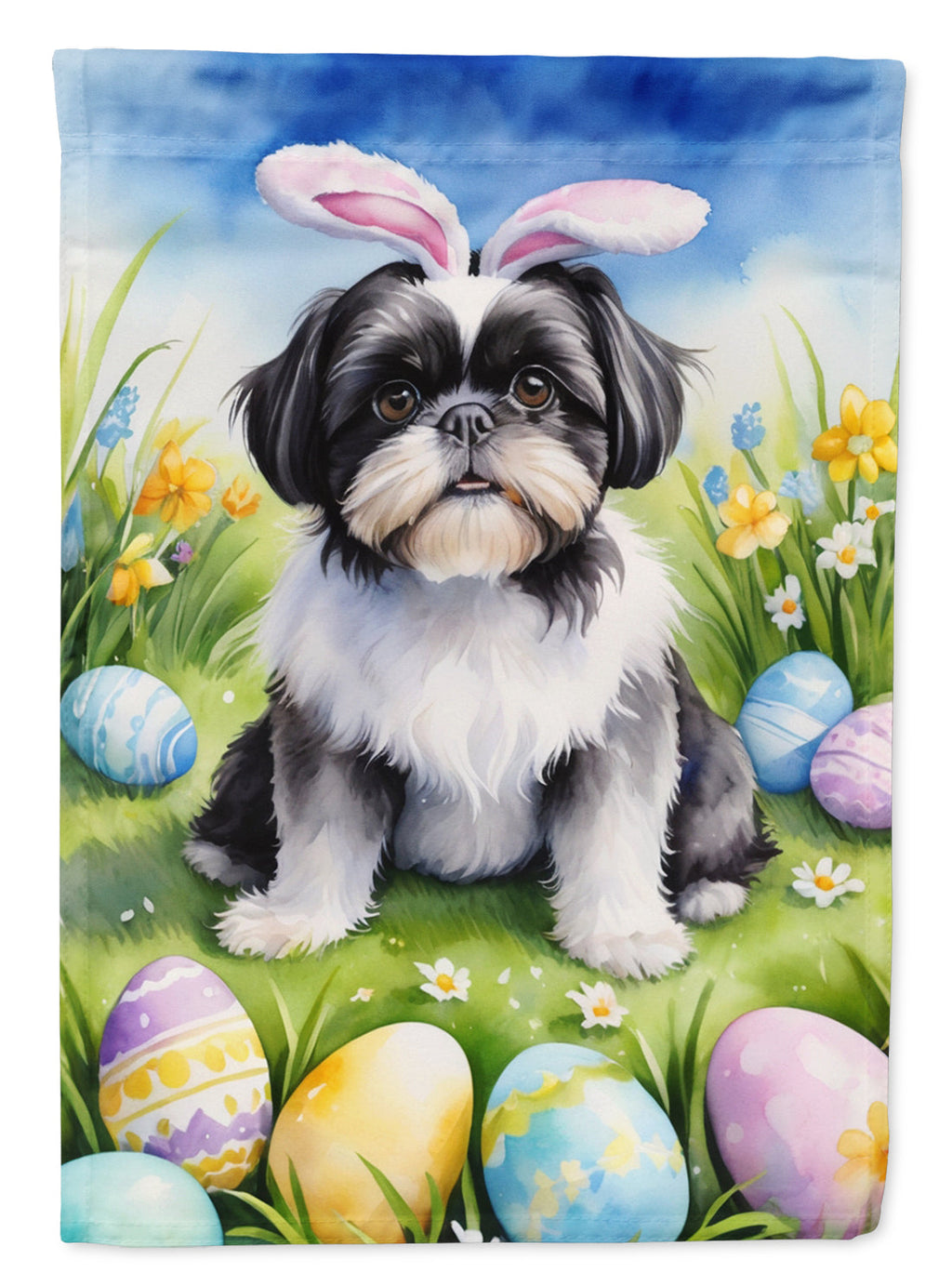 Shih Tzu Easter Egg Hunt House Flag 28x40 Porch Sleeve Pole Decorative Outside Yard Banner Artwork Wall Hanging, Polyester