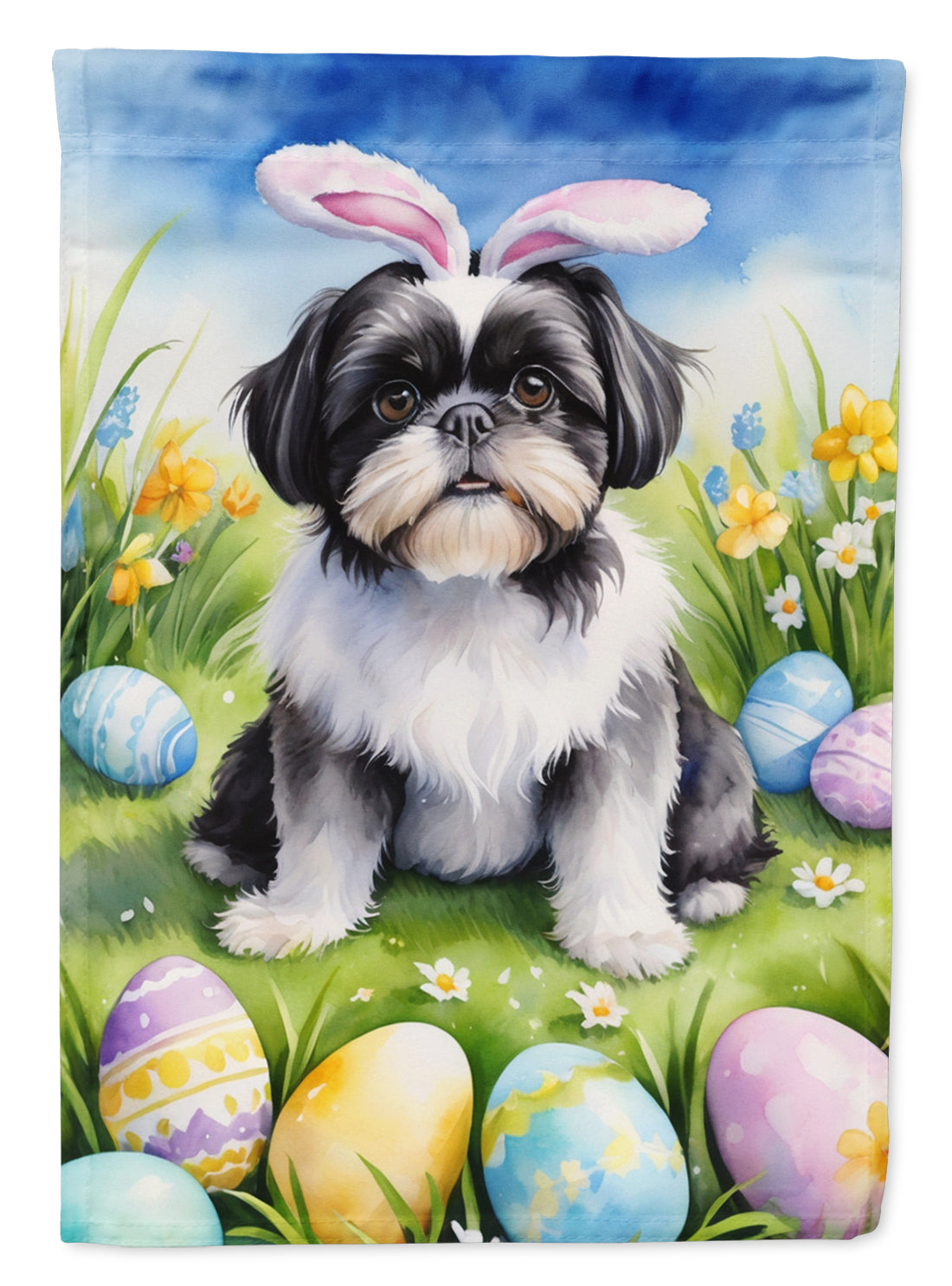 Shih Tzu Easter Egg Hunt House Flag 28x40 Porch Sleeve Pole Decorative Outside Yard Banner Artwork Wall Hanging, Polyester