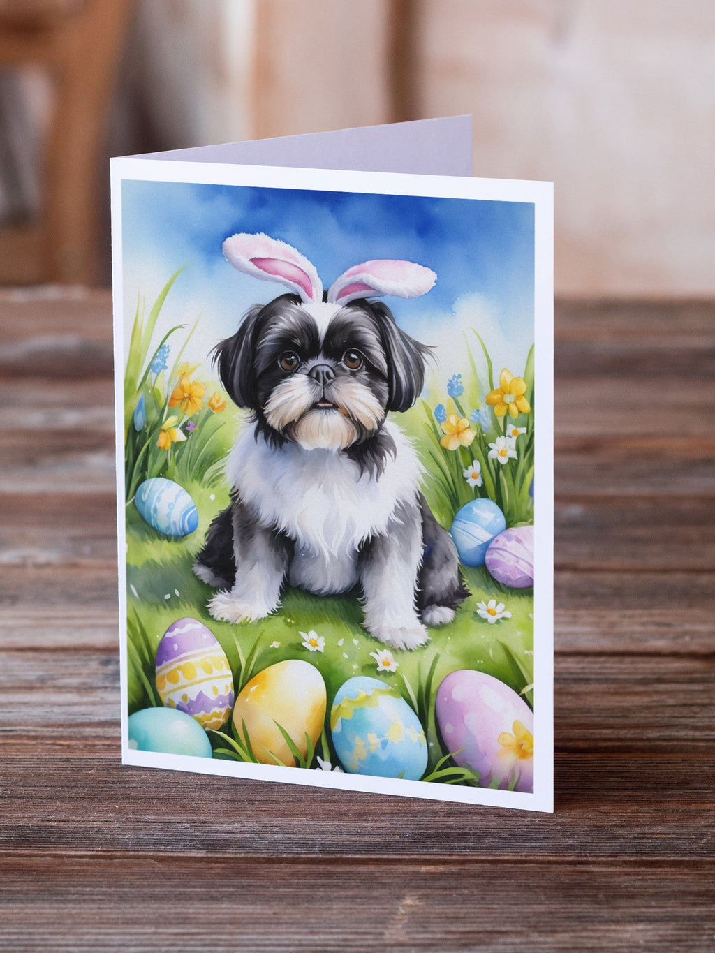 Shih Tzu Easter Egg Hunt Greeting Cards Pack of 8 Blank Cards with Envelopes Whimsical A7 Size 5x7