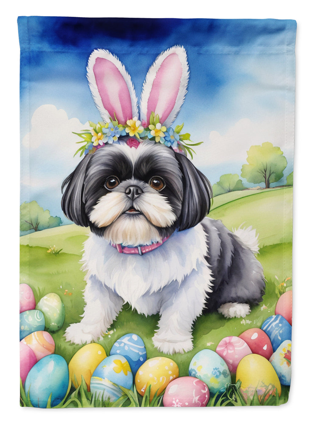 Shih Tzu Easter Egg Hunt House Flag 28x40 Porch Sleeve Pole Decorative Outside Yard Banner Artwork Wall Hanging, Polyester