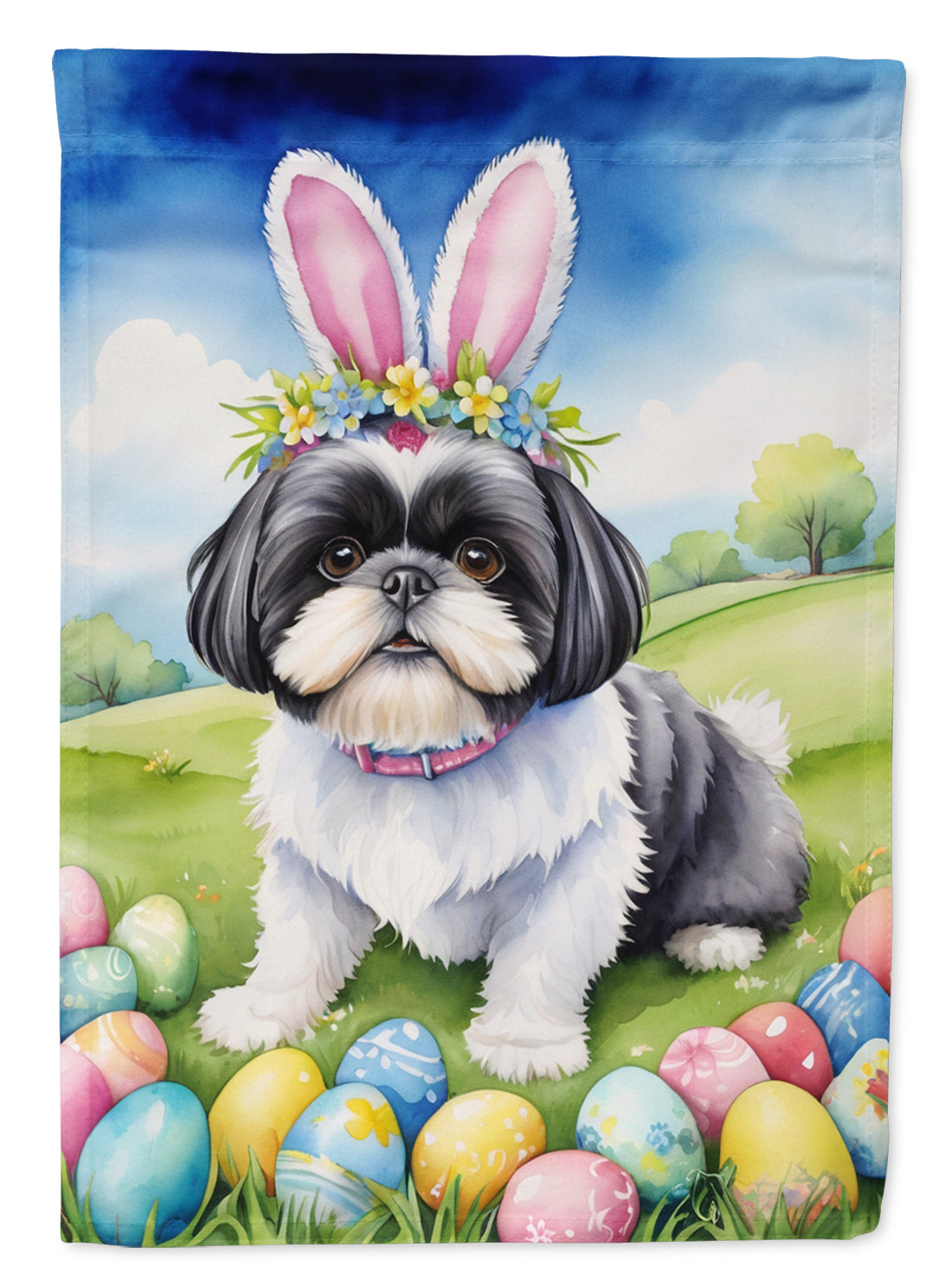 Shih Tzu Easter Egg Hunt House Flag 28x40 Porch Sleeve Pole Decorative Outside Yard Banner Artwork Wall Hanging, Polyester