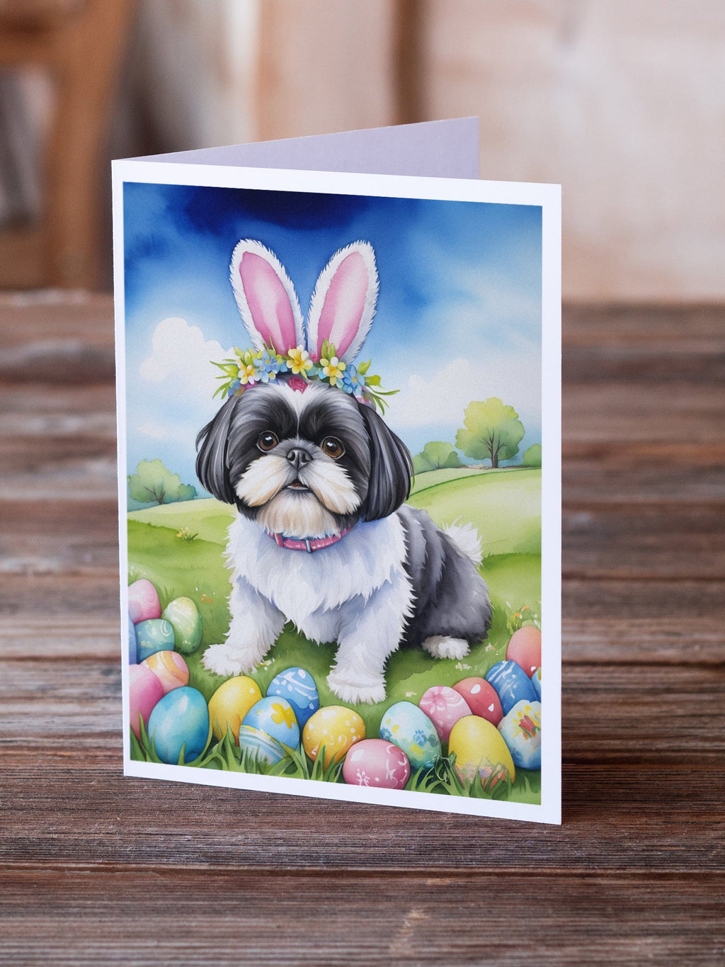 Shih Tzu Easter Egg Hunt Greeting Cards Pack of 8 Blank Cards with Envelopes Whimsical A7 Size 5x7