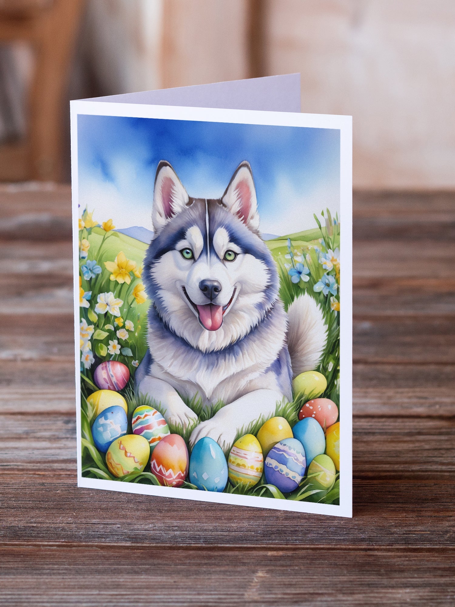 Siberian Husky Easter Egg Hunt Greeting Cards Pack of 8 Blank Cards with Envelopes Whimsical A7 Size 5x7