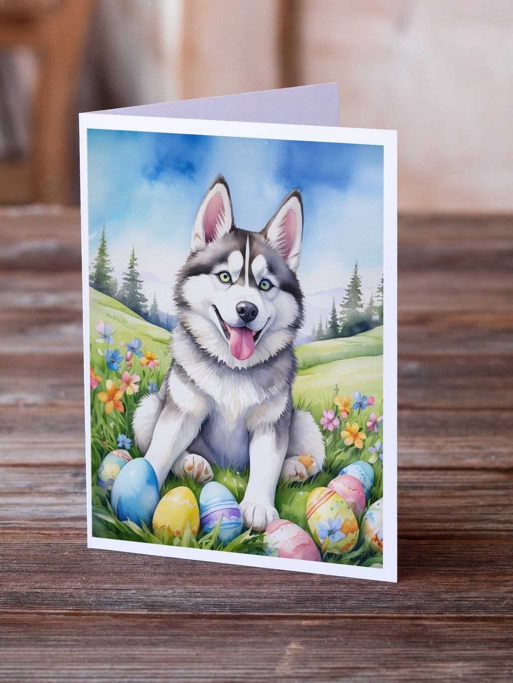 Siberian Husky Easter Egg Hunt Greeting Cards Pack of 8 Blank Cards with Envelopes Whimsical A7 Size 5x7