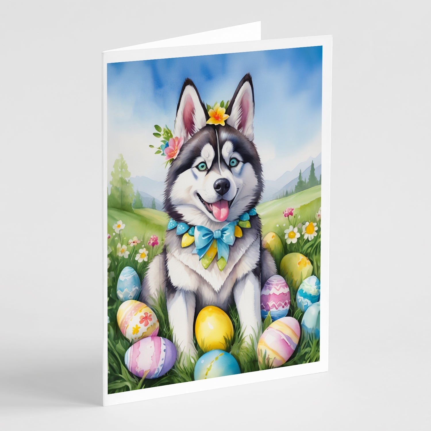 Siberian Husky Easter Egg Hunt Greeting Cards Pack of 8 Blank Cards with Envelopes Whimsical A7 Size 5x7