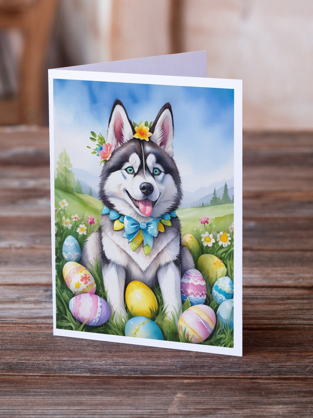 Siberian Husky Easter Egg Hunt Greeting Cards Pack of 8 Blank Cards with Envelopes Whimsical A7 Size 5x7