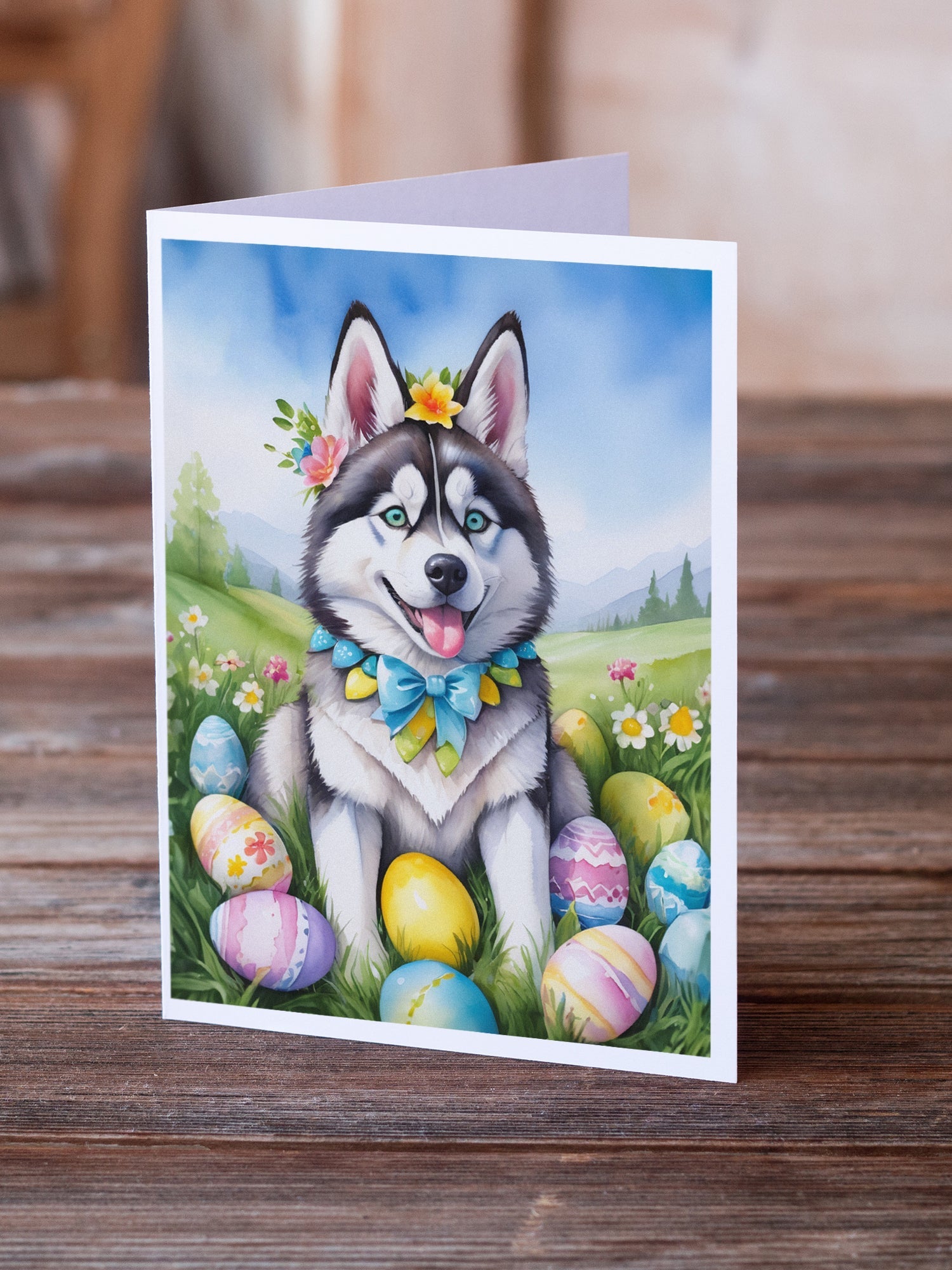 Siberian Husky Easter Egg Hunt Greeting Cards Pack of 8 Blank Cards with Envelopes Whimsical A7 Size 5x7