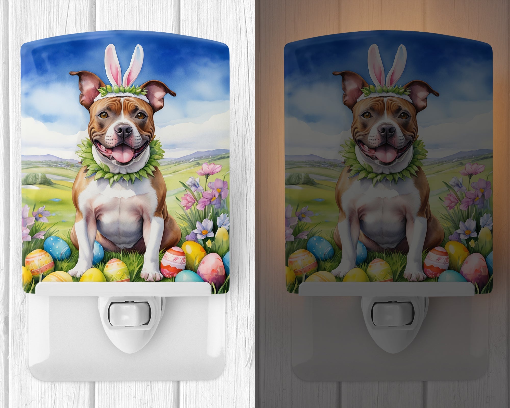 Staffordshire Bull Terrier Easter Egg Hunt Ceramic Night Light Compact, UL-Certified, Ideal for Bedroom, Bathroom, Nursery, Hallway, Kitchen, 6x4x3, Multicolor
