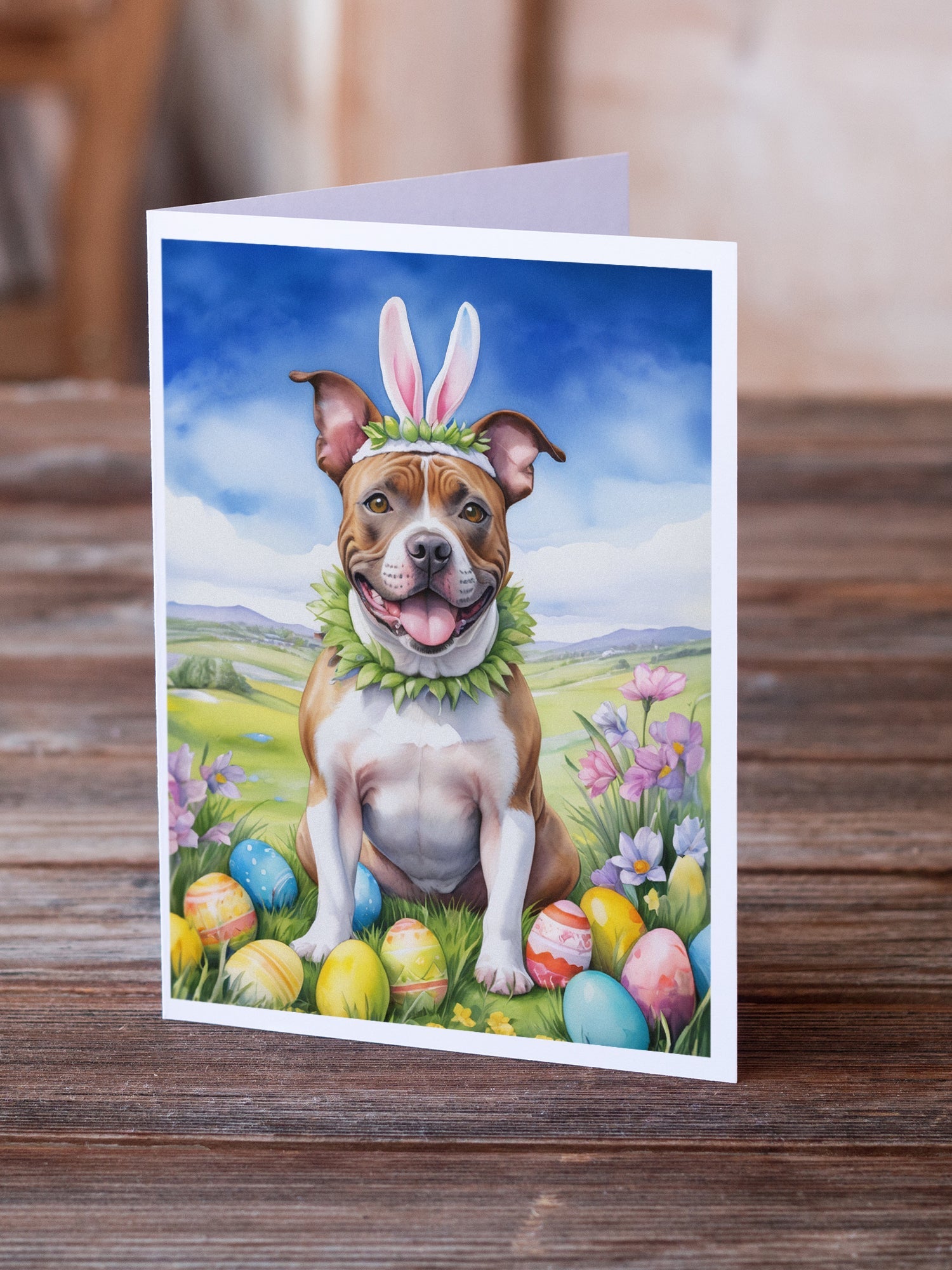 Staffordshire Bull Terrier Easter Egg Hunt Greeting Cards Pack of 8 Blank Cards with Envelopes Whimsical A7 Size 5x7