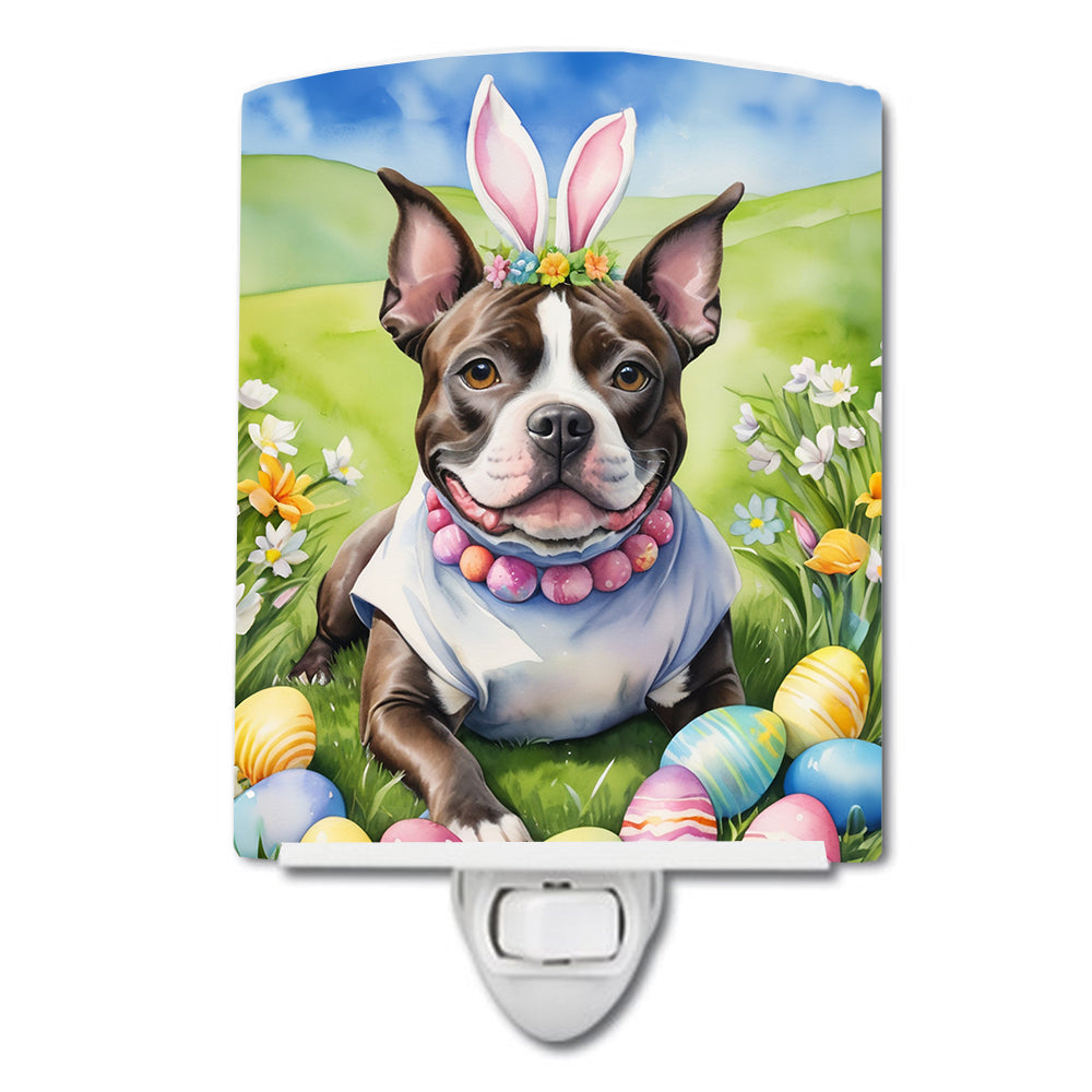 Staffordshire Bull Terrier Easter Egg Hunt Ceramic Night Light Compact, UL-Certified, Ideal for Bedroom, Bathroom, Nursery, Hallway, Kitchen, 6x4x3, Multicolor