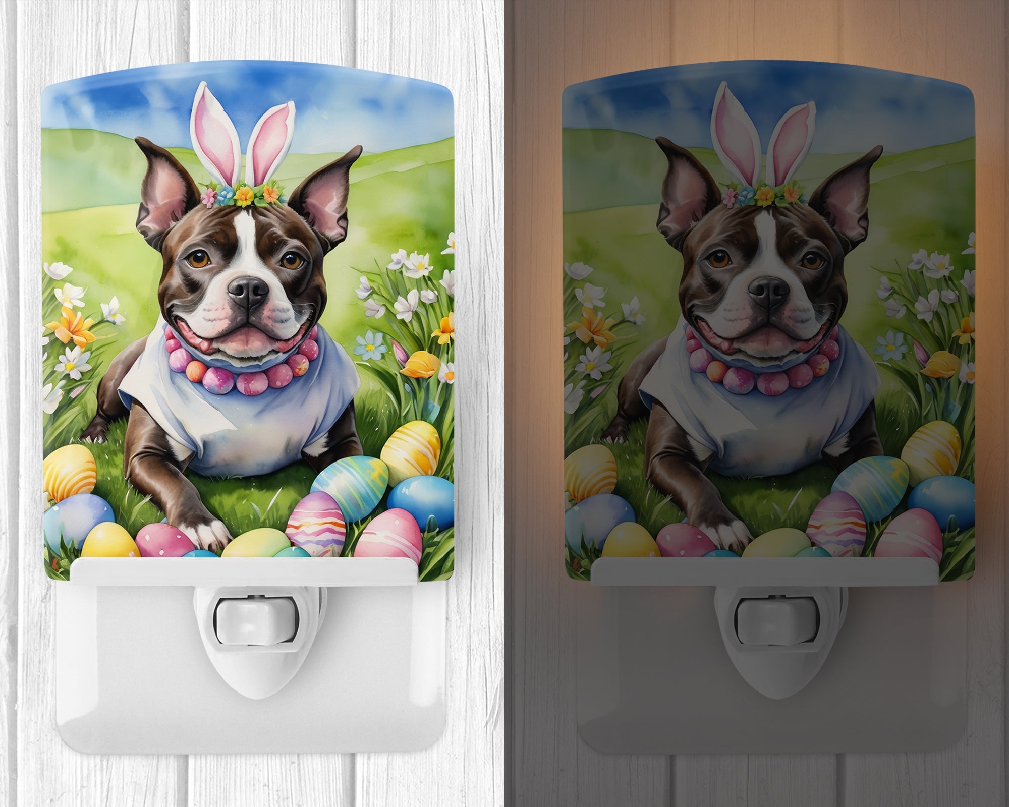 Staffordshire Bull Terrier Easter Egg Hunt Ceramic Night Light Compact, UL-Certified, Ideal for Bedroom, Bathroom, Nursery, Hallway, Kitchen, 6x4x3, Multicolor