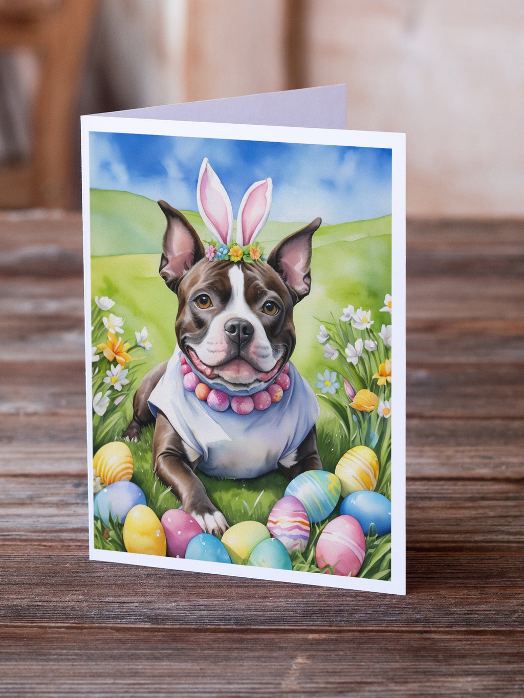 Staffordshire Bull Terrier Easter Egg Hunt Greeting Cards Pack of 8 Blank Cards with Envelopes Whimsical A7 Size 5x7