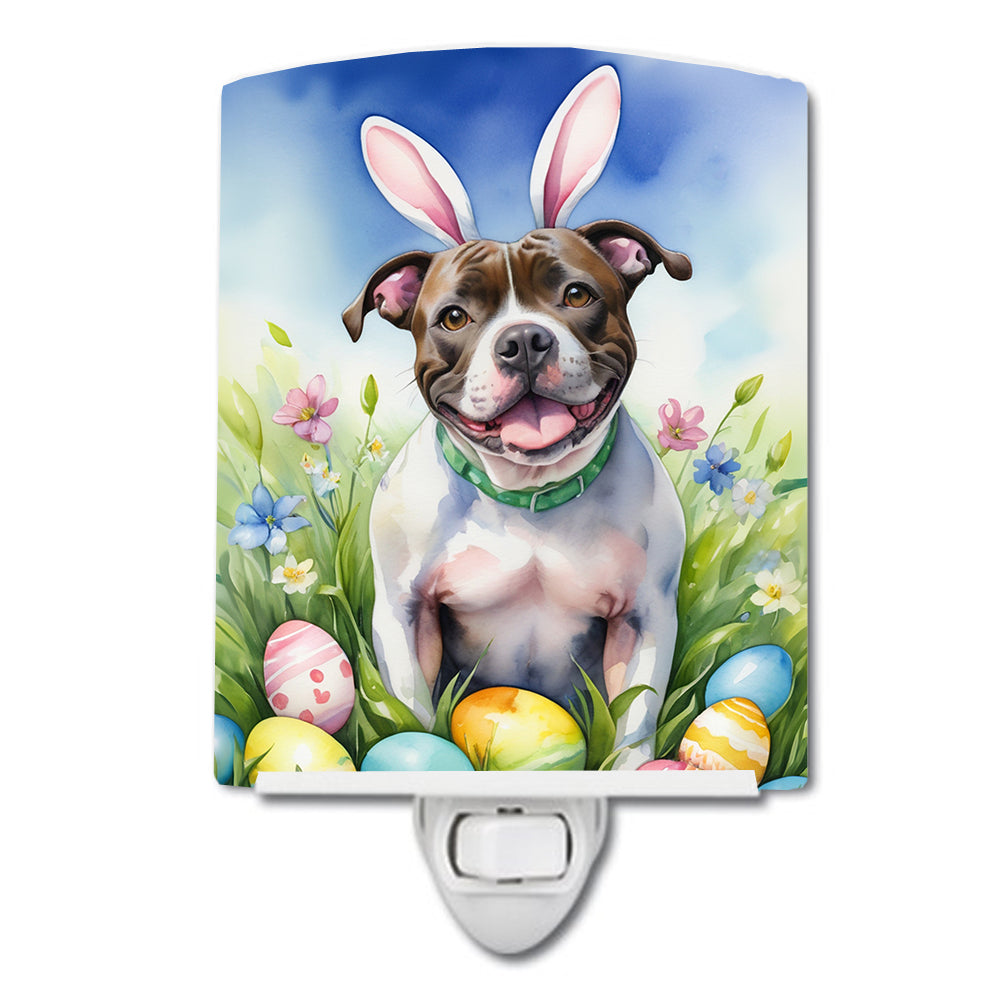 Staffordshire Bull Terrier Easter Egg Hunt Ceramic Night Light Compact, UL-Certified, Ideal for Bedroom, Bathroom, Nursery, Hallway, Kitchen, 6x4x3, Multicolor
