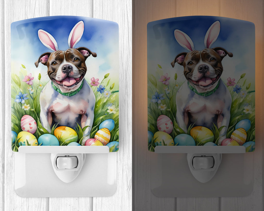 Staffordshire Bull Terrier Easter Egg Hunt Ceramic Night Light Compact, UL-Certified, Ideal for Bedroom, Bathroom, Nursery, Hallway, Kitchen, 6x4x3, Multicolor
