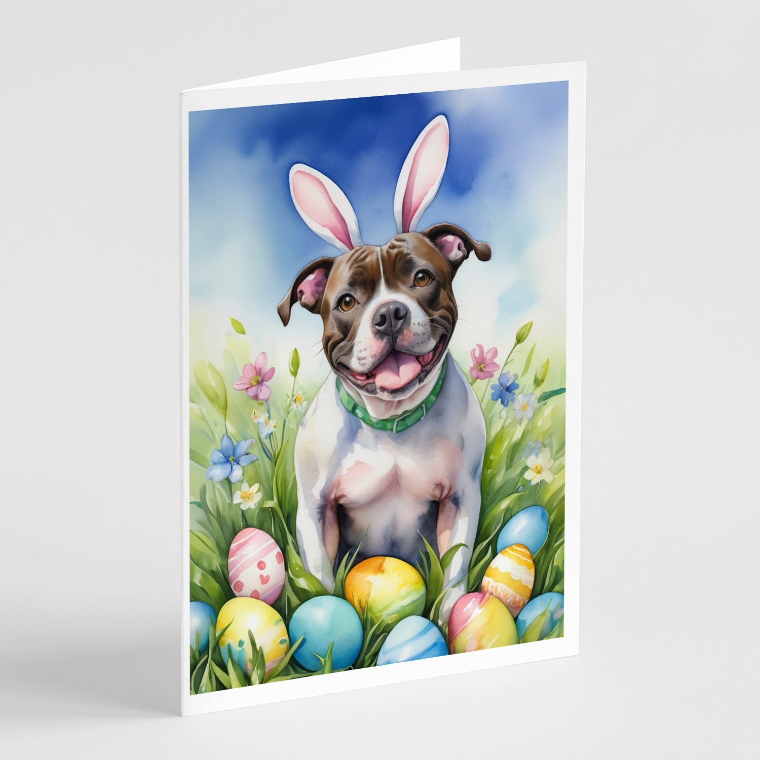 Staffordshire Bull Terrier Easter Egg Hunt Greeting Cards Pack of 8 Blank Cards with Envelopes Whimsical A7 Size 5x7