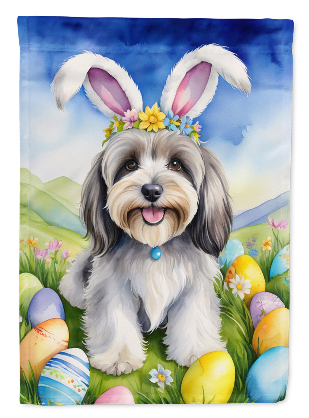Tibetan Terrier Easter Egg Hunt House Flag 28x40 Porch Sleeve Pole Decorative Outside Yard Banner Artwork Wall Hanging, Polyester