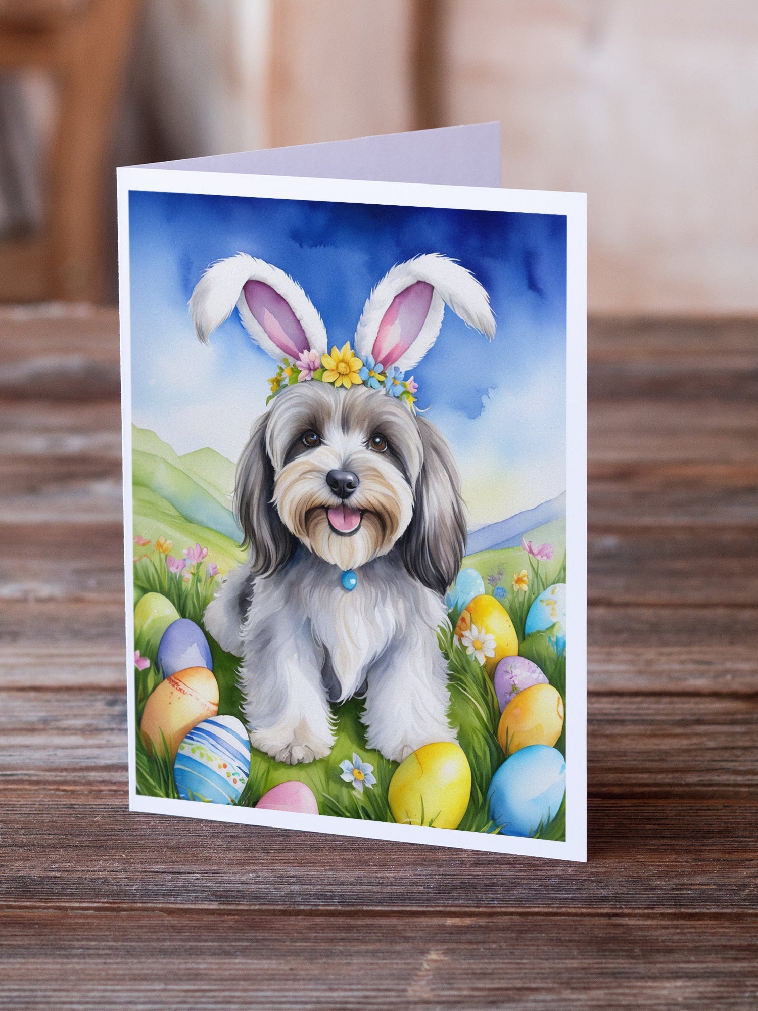 Tibetan Terrier Easter Egg Hunt Greeting Cards Pack of 8 Blank Cards with Envelopes Whimsical A7 Size 5x7