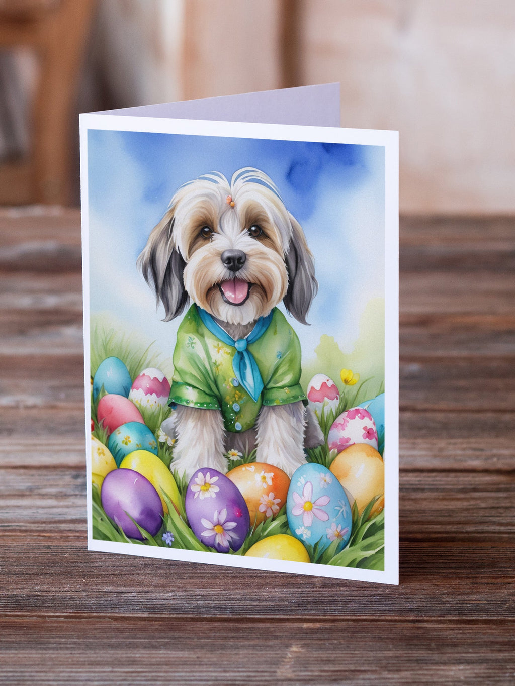 Tibetan Terrier Easter Egg Hunt Greeting Cards Pack of 8 Blank Cards with Envelopes Whimsical A7 Size 5x7