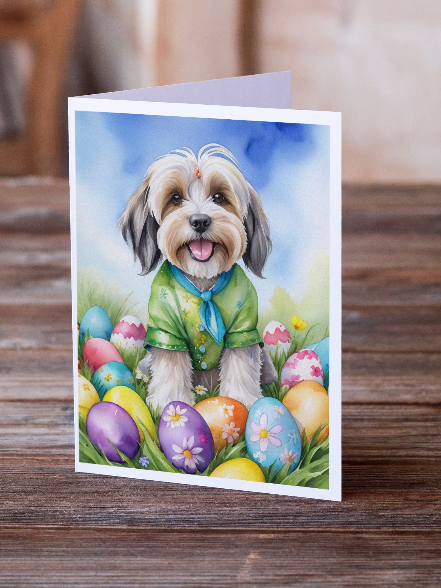 Tibetan Terrier Easter Egg Hunt Greeting Cards Pack of 8 Blank Cards with Envelopes Whimsical A7 Size 5x7