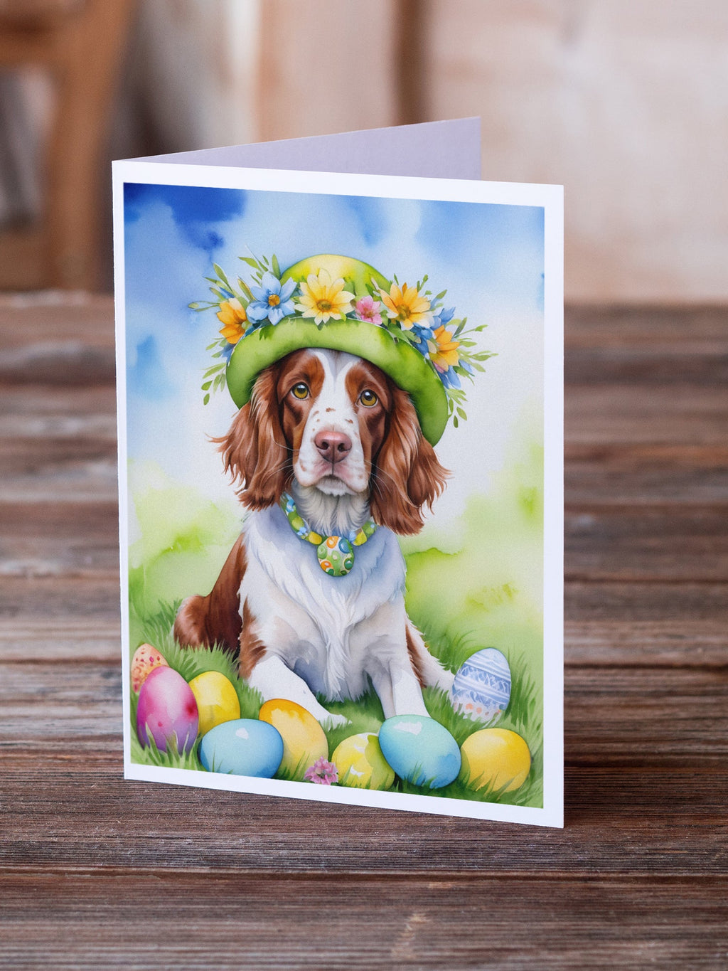 Welsh Springer Spaniel Easter Egg Hunt Greeting Cards Pack of 8 Blank Cards with Envelopes Whimsical A7 Size 5x7