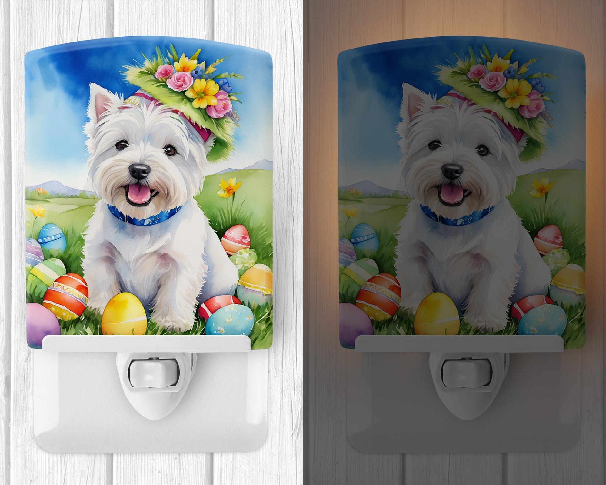 Westie Easter Egg Hunt Ceramic Night Light Compact, UL-Certified, Ideal for Bedroom, Bathroom, Nursery, Hallway, Kitchen, 6x4x3, Multicolor