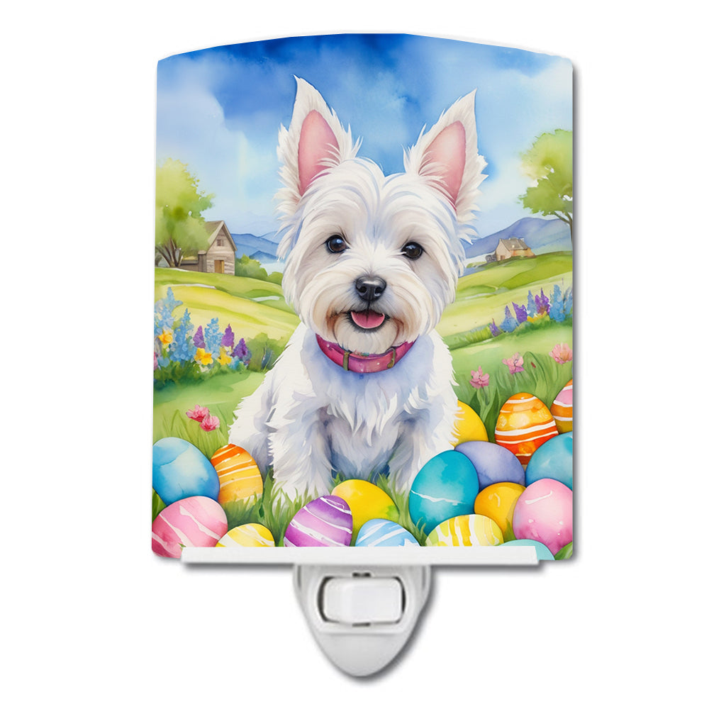 Westie Easter Egg Hunt Ceramic Night Light Compact, UL-Certified, Ideal for Bedroom, Bathroom, Nursery, Hallway, Kitchen, 6x4x3, Multicolor