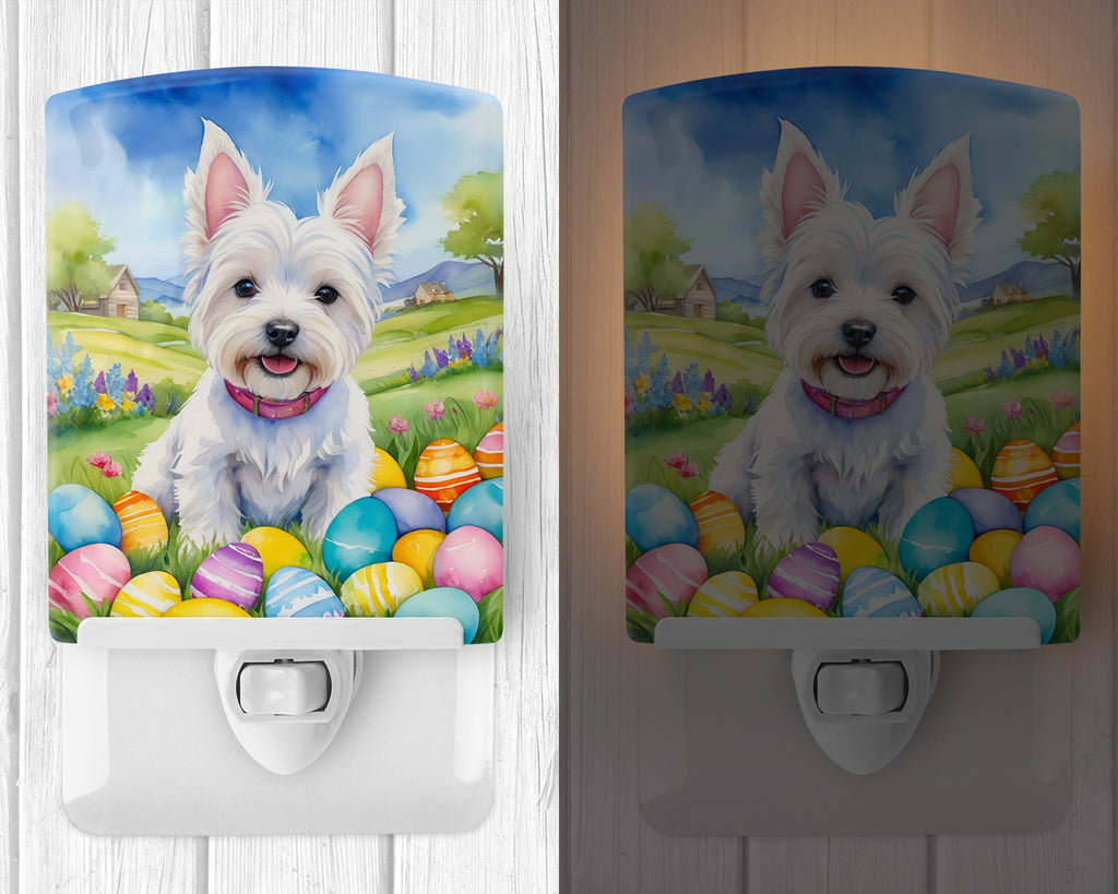 Westie Easter Egg Hunt Ceramic Night Light Compact, UL-Certified, Ideal for Bedroom, Bathroom, Nursery, Hallway, Kitchen, 6x4x3, Multicolor