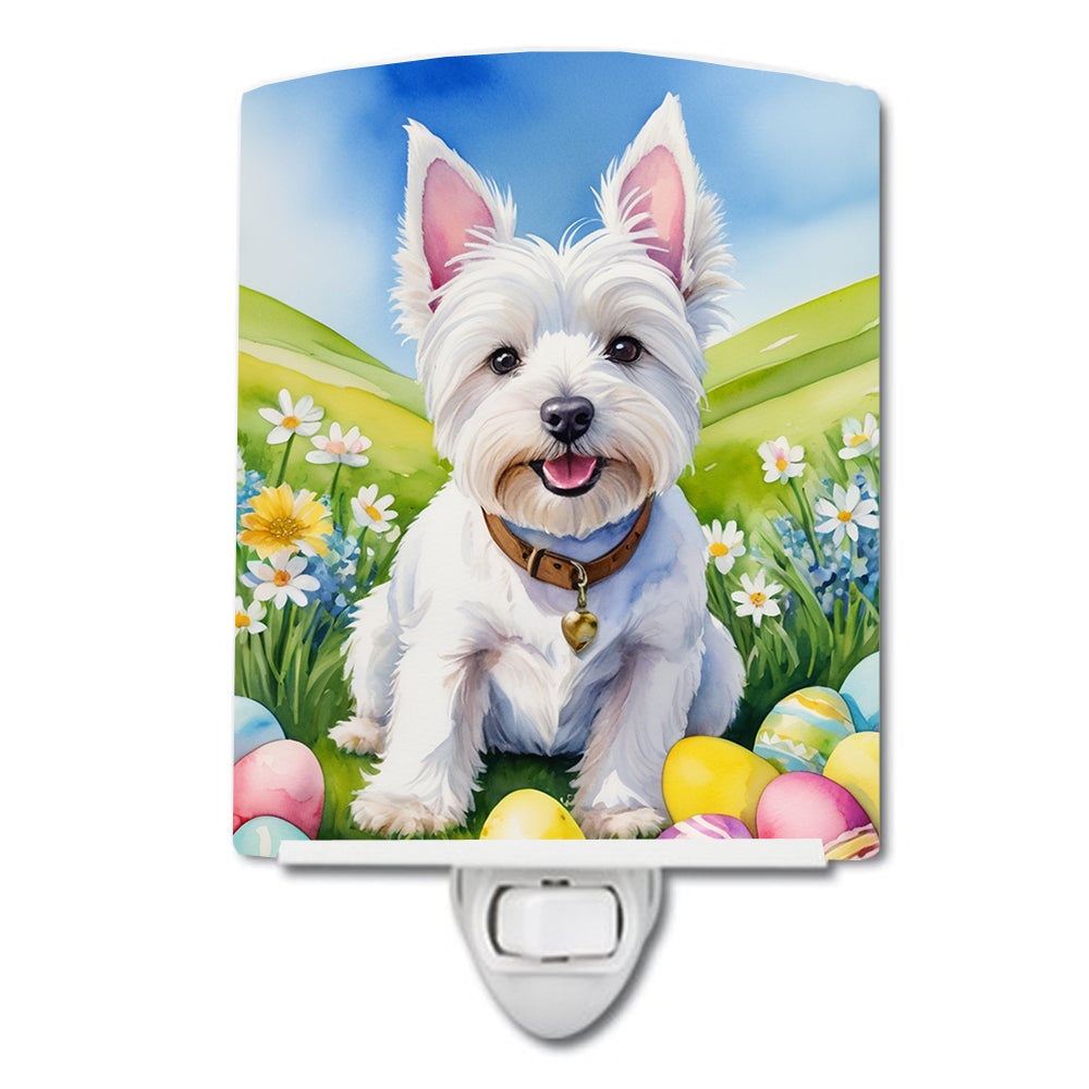 Westie Easter Egg Hunt Ceramic Night Light Compact, UL-Certified, Ideal for Bedroom, Bathroom, Nursery, Hallway, Kitchen, 6x4x3, Multicolor